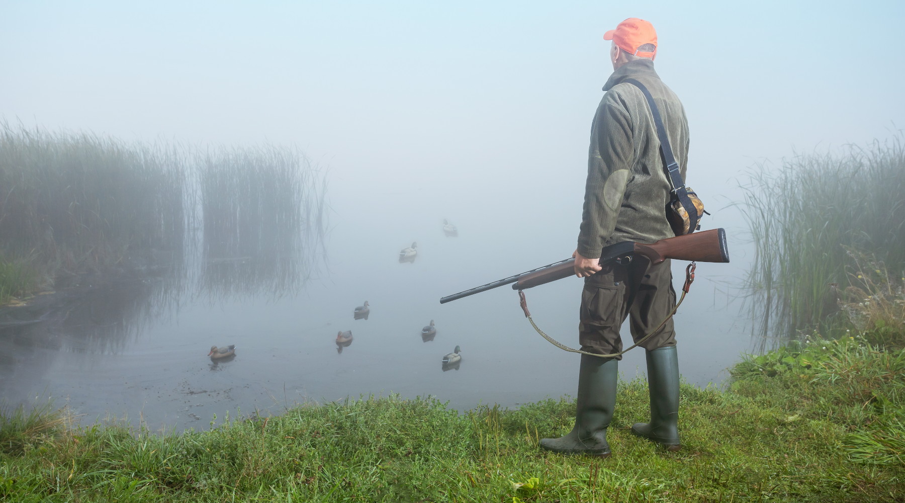 Richiami vivi e influenza aviaria, ministero risponde a Libera Caccia Richiami vivi e influenza aviaria, ministero risponde a Libera Caccia: cacciatore con fucile a caccia di uccelli acquatici